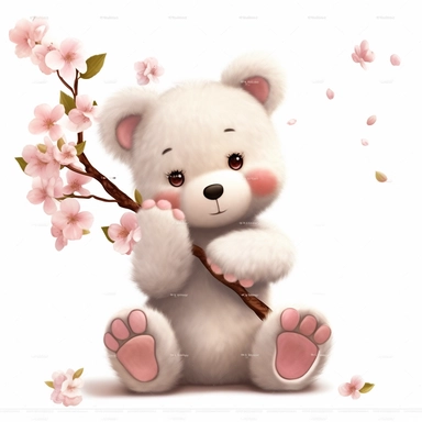 clipart of tidy fluffy shy baby teddy bear asking for a hug , cute, soft and mellow colors, cherry blossome environment, octan renderer, dept of field white background, cutout, close