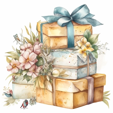 insanely beautiful pile of 3 gift packages , in the style of beatrice potter, 32k uhd, hand-painted details, pastoral illustrations, amazing colour combinations , aquarellist, hd , white background clipart ,-- no watermark--ar 27:37