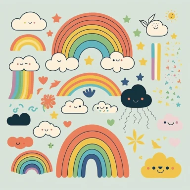 simple vector drawing of a rainbow, clipart, basic shapes, solid colors, joyful, doodle, sticker design, lineart, 2d flat file, silhouette, svg cut file