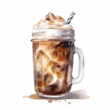 watercolor very realistic and detailed illustration of An iced coffee, clipart on white background