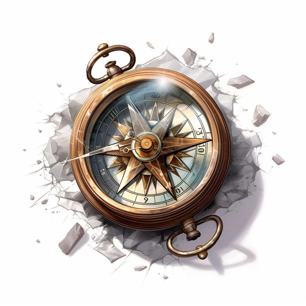 a clipart of a BROKEN vintage compass from the early 20th century in