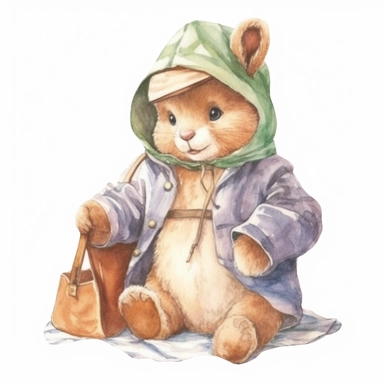 a Cute Happy Baby Chipmunk in clothing in the style of Watercolor Kate Greenaway Clipart, White Background