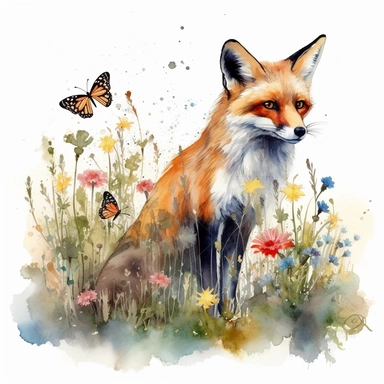 Fox standing and looking away, half of fox body surrounded by long grass and flowers, little butterflies, colorful, watercolor clipart, white background