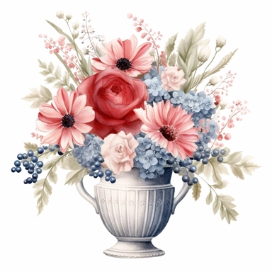 pastel red white blue color vintage wedding floral bouquet in a vase clipart