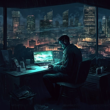 a man is working on a laptop computer with a city skyline picture clipart, in the style of cyberpunk realism, dark teal and dark black, realistic still lifes with dramatic lighting, stock photo, chiaroscuro portraitures, luminous color harmonies, flat shading