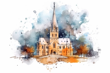 Watercolor, Catholic churches, clipart, hd, on a white background, spaced out