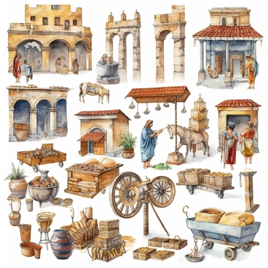 Watercolor roman bazaar with roman people shopping , illustrations clipart set, simple, , cartoon elements, different variants , iron elements, marble elements, separate elements with a margin