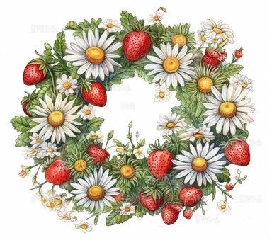 realistic burnished watercolored pencil strawberry and daisy wreath clipart, detailed, on white background, spaced out