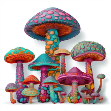 clipart set of mushrooms, designed by kaffe fassett, Master of the Embroidery, behance winner high detail, psychedelic, isolated on a white background