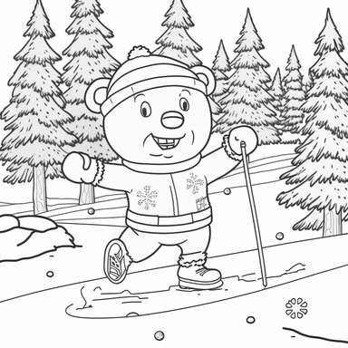 Coloring book page for kids, a Christmas tree, cute little bear in human costume, wearing Christmas hat, laughing, skis under your feet, ski poles in your hands, running cross country skiing, clipart, cartoon kids style hand drawn line art, black and white