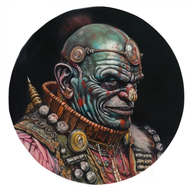 Martin Johanna's painting depicting an Irish Persian orc orcish regency orientalism noble soldier, Amoako Boafo Mad Max Lord of the Rings, handpainted punk zine indie retrowave film poster, clipart illustration, circle white background, circular border