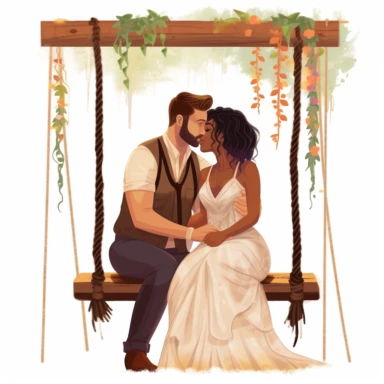 Caucasian bride and African groom, sharing a romantic moment on a rustic wooden swing, surrounded by nature's beauty, vibrant colors, Pixar style, Clipart on a white background.