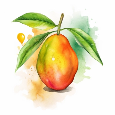 Create a charming, cartoon-style clip art image of a mango with a mango leaf growing from the top, suspended in mid-air, in a watercolor style that looks fresh, delicious, and appealing. The focus should be on creating a visually engaging and child-friendly image suitable as a teaching tool for three to four-year-olds. Use soft watercolor strokes to give the mango a whimsical and playful appearance. Depict the mango in an orangey yellow color, with a subtle touch of green to indicate that it is 