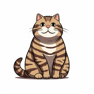Cute cartoon happy cat, overweight dark STRIPED brown tabby cat with big ears, A LOT OF TIGER black strips, brown fur, brown chest, dark brown eyes, full body sitting, white background, clip art, vector graphic