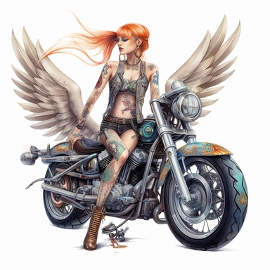 cute [Heavily tatted biker chick pixie fairy Harley davidson ] , hyper-realistic watercolor illustration, 3d, 8k high definition, highly detailed, masterpiece, clip art, white background