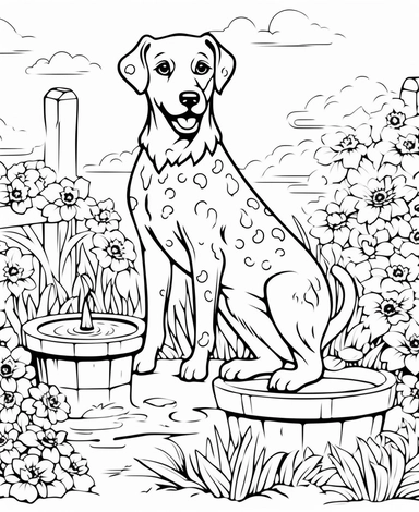 expert coloring page style of realistic Dalmatian Dog breed Clipart, simple garden background, simple line art, line is crisp and clean, easy to color, masterpiece