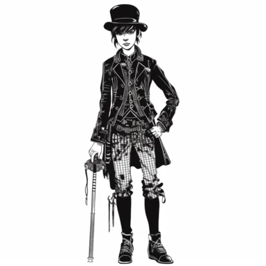 goth steampunk boy entire body illustration clipart by holly hobbie, comic style illustration, in the style of stencil-based, one color solid-crisp-black vector on white, thick outline style