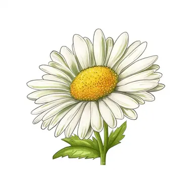Envision a hand-drawn, detailed clipart of a daisy flower. The daisy is vibrant and fresh, with its central disk a cheerful yellow and the surrounding delicate petals rendered in a crisp white. The petals fan out symmetrically, creating a harmonious and balanced design. The slender green stem holds one or two softly serrated leaves, adding a touch of green to the scene. Despite the simplicity of a daisy, every detail is captured beautifully in this design, from the subtle textures of the petals 
