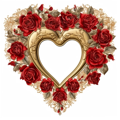 large decrative heart with gold embossed detail, surrounded by red roses, beautiful detailed artistic clipart border