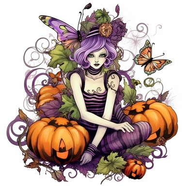 Halloween fairy, purple and green, clipart, orange, black white stripes, pumpkin, isolated on white background, in the style of Amy Brown, beautiful fall floral, bright color, crisp lines, chaos 8