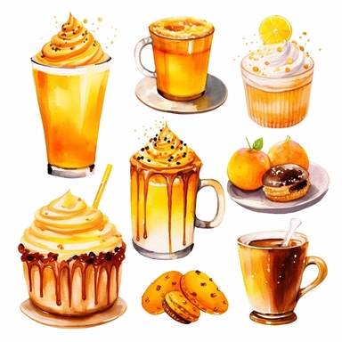 high detail watercolor golden clipart white background different cafe drinks, treats, cakes and snacks