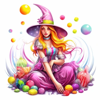 Sharp Illustration of a fantasy candy witch clipart aginst white background in watercolor style, majestic scene, beautiful witch, sweets, vibrant colors, bubble gum, colorful candies, illustration style, vibrant colors, unreal engine 5, detailed illustration, high resolution, high quality, solid white background
