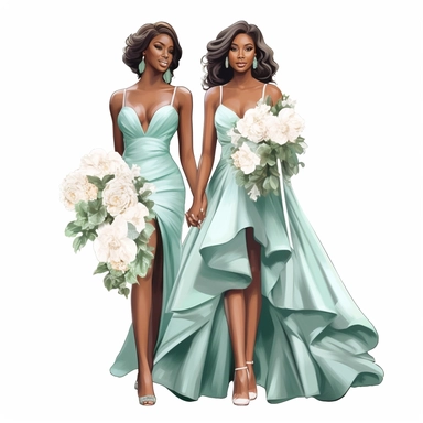 Clipart, ultra realistic, handdrawn, 2 Bridesmaids wearing the color mint green, carring bouques of summer florals, all with beautiful bright smiles, Full body. Clothing line, retail fashion, 2023, fashionnova, African american, mid sized models. Highly detailed. very attractive, glamorous, make up beautiful, gorgeous, glowing make - up. full body and heels. multiple outfits. individually spaced far apart. stunning hasina parker illustration, boss lady, clear, complete body, 4k
