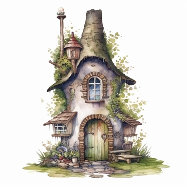 fairy tiny house, in the forest, fairy, fairyland, wiccan, fantasy , watercolor by sarah Kay, clipart, on white background