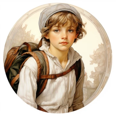 very beautiful boy with schoolbag, vintage, white background, round clipart with pastel color, detailed and lovely Renaissance painting