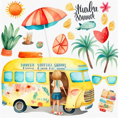 watercolor summer vacation from school clip arts, end of school year clipart, white background, no letters