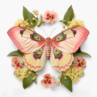 a female Chinese moon moth, surrounded by pink and coral flowers, romantic bloomcore, beautiful beyond belief, photo clipart on solid white background