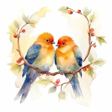 a delightful watercolor clipart image with a white background, featuring a pair of lovebirds sitting on a heart-shaped branch, their affectionate expressions and tender moments capturing the romance and bond of Feathered Friends.
