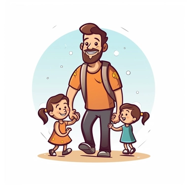 children holding father's hand, sticker style vector illustration for t-shirt, clipart, white background