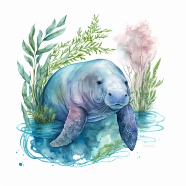 hand drawn Florida manatee, in crystal blue water, underwater with plants, very detailed and realistic, watercolor, white background with margins, clipart style