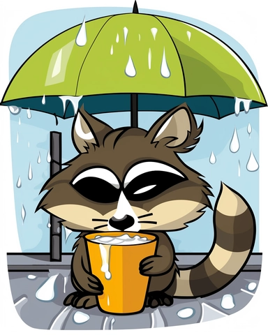 clipart sticker of racoon sipping coffee in a wet alley