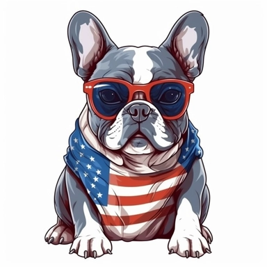 sticker, background american flag, full body french bulldog, in style Independence Day in usa, clipart
