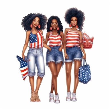Cute Beautiful Patriot three black girls for 4th of july full body sublimation Clipart, Cartoon, hyper realistic, intricate detail, illustration style, high solution, on the white background