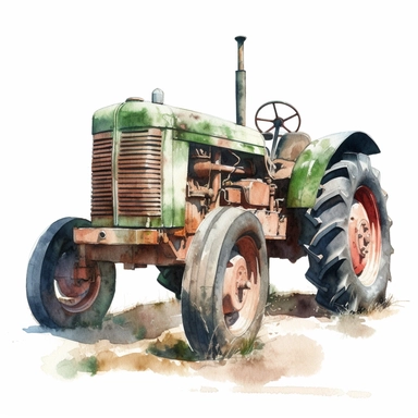close up realistic watercolor drawing of a rusty green tractor in a new zealand horse farm, on a white background where the background will be removed to repurpose as a clipart.