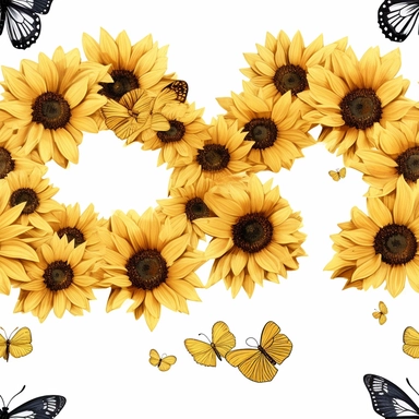in the shape of heart, watercolor detailed clipart sunflower, high contrast realistic butterfly, clean lines, hard edges, no shadow, clean edges, centered on white background