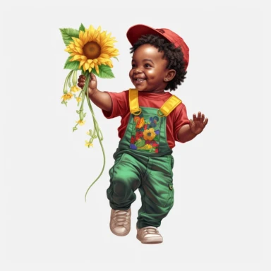 Happy baby juneteenth boy with red, green, yellow cloths and flower, full body, hand draw Illustration clipart, 4K, extremely detailed