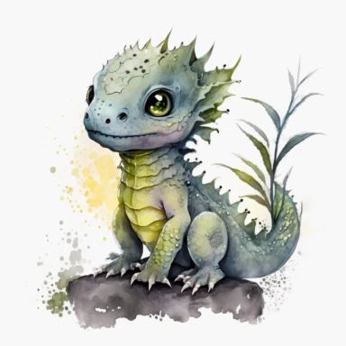 neon yellow baby dragon, watercolor, clipart,