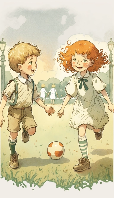 The boy and girl are playing football on the grass. The sunlight dyed the grass golden, and the breeze blew through their hair. The ball under their feet shone brightly in the sunlight, and the two competed with each other to score goals. The cheers and laughter of the crowd filled the entire grassland. Occasionally, a few small birds fly by,illustration for book, children's book, multiple positions,manga style,Watercolor Clipart, strybk, full Illustration, 4k, sharp focus, watercolor, smooth so