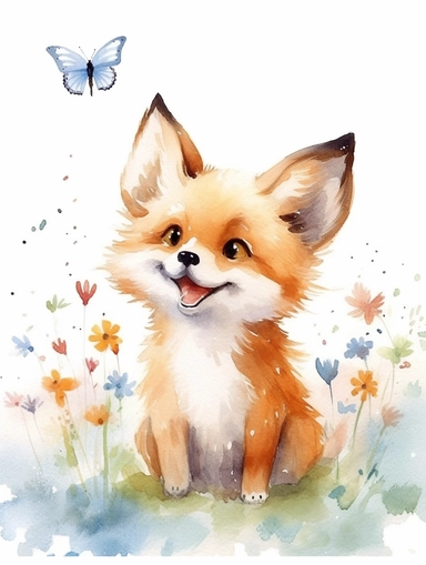 cute happy fox looking at a butterfly on the nose, in watercolor style, with a soft and delicate touch, clipart, The background is a solid white color, with no shadows or gradients. cabincore