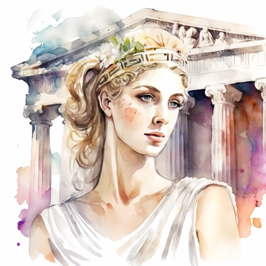 detailed watercolour clipart of Aphrodite in an ancient greek dress near ancient Greek temple, beautiful face, white background
