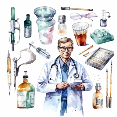 watercolor doctor related scenes , illustrations clipart set, simple, , cartoon elements ,different variants , glucometer, insulin syringe, nurse, doctor, stethtescope, mechanical body weighing scale, tweezers, microscope, ambulance, , separate elements with a margin