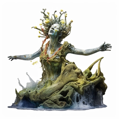 Horror style overrealistic mystical screaming woman statue covered mosses and seashells bottom of the sea with watercolor effect,full body,dark blue water,dark green mosses,deep water,sea plants,coral and mussel,,random fishes,undersea details,suitable for digital clipart,white background