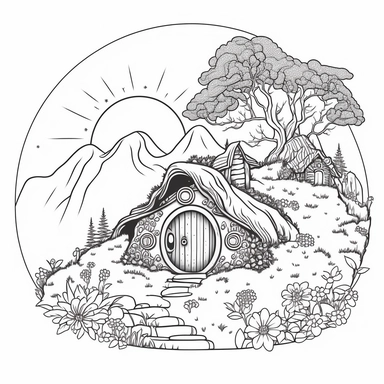 Coloring book page for kids, a hobbit house in a hill, clipart, cartoon kids style hand drawn line art, black and white