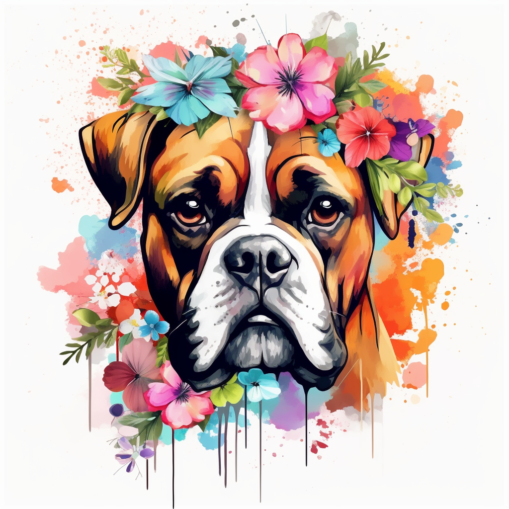 Clipart of a cute little boxer dog flowers full multicolor white ...