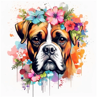 Clipart of a cute little boxer dog flowers full multicolor white background