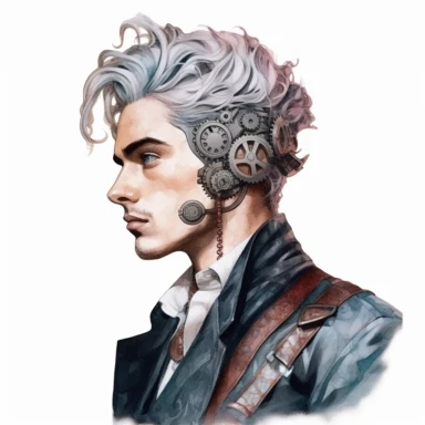 beautiful stunning handsome steampunk young man, he has coloured hair, paint art style, clipart, white background, superrealistic, one of a kind